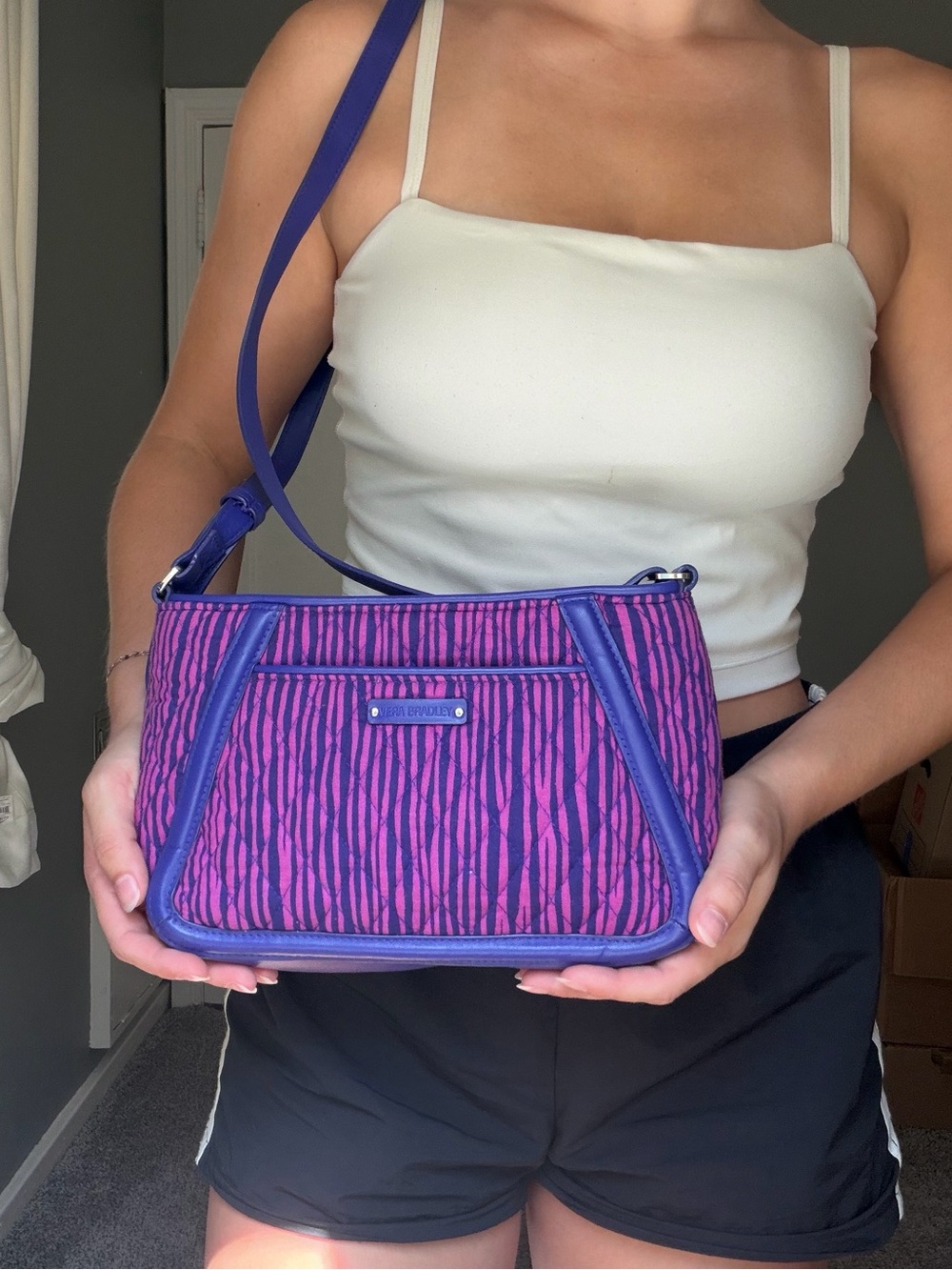 Vera Bradley Trimmed Trapeze Pink & Purple Striped Patterned Shoulder Bag